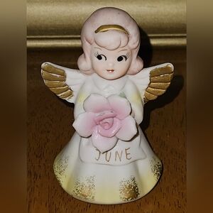 Angel Figurine with Pink Flower and Gold Accents for Birth Month of June